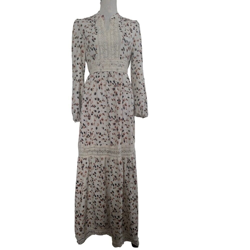Womens Boho Abstract Petal Print Maxi Dress Crochet Lace Trim Long Sleeve Cream